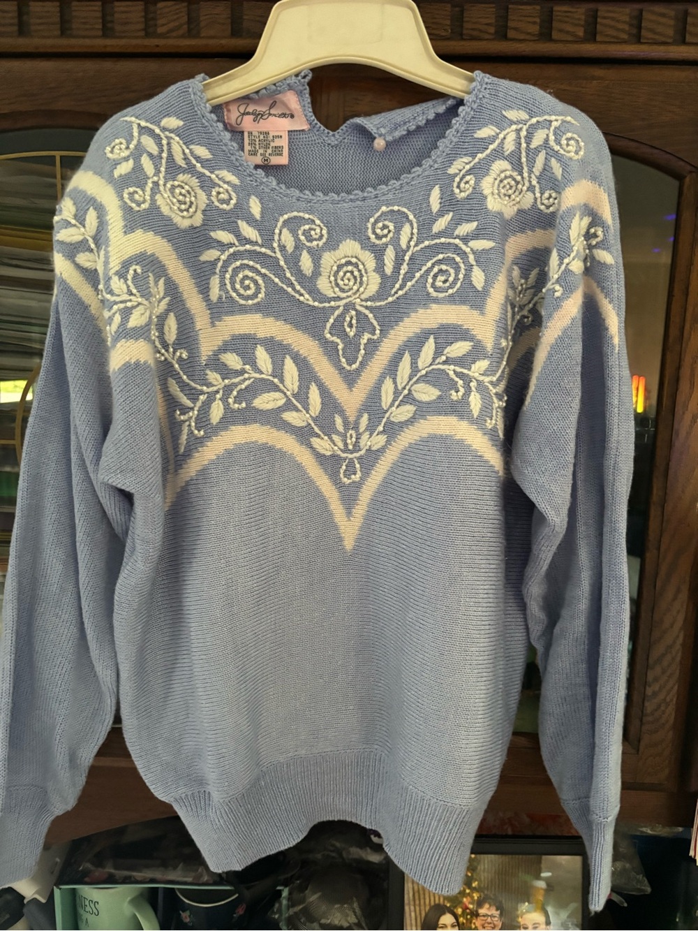 Jaclyn Smith Light Blue Crewneck Sweater with Cream Floral Jacquard